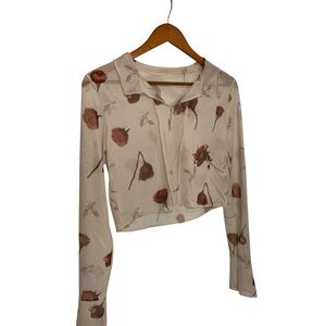 Vintage Floral Women’s Small Button Down Mesh Crop Top Flare Long Sleeve